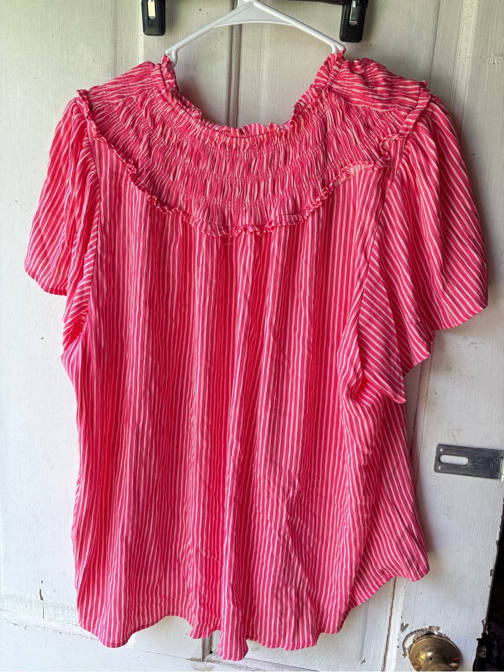 torrid Pink & White Striped Ruffle-Neck Blouse - Picture 2 of 5